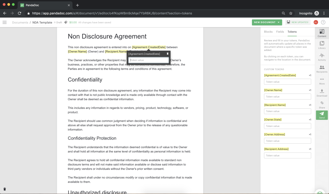 Screenshot of adding custom tokens in PandaDoc