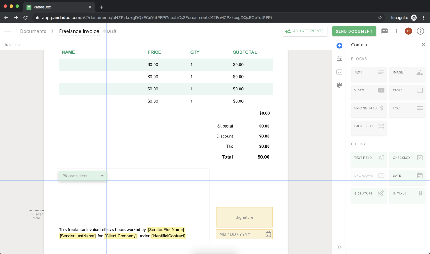 Screenshot of adding elements to your invoice in PandaDoc