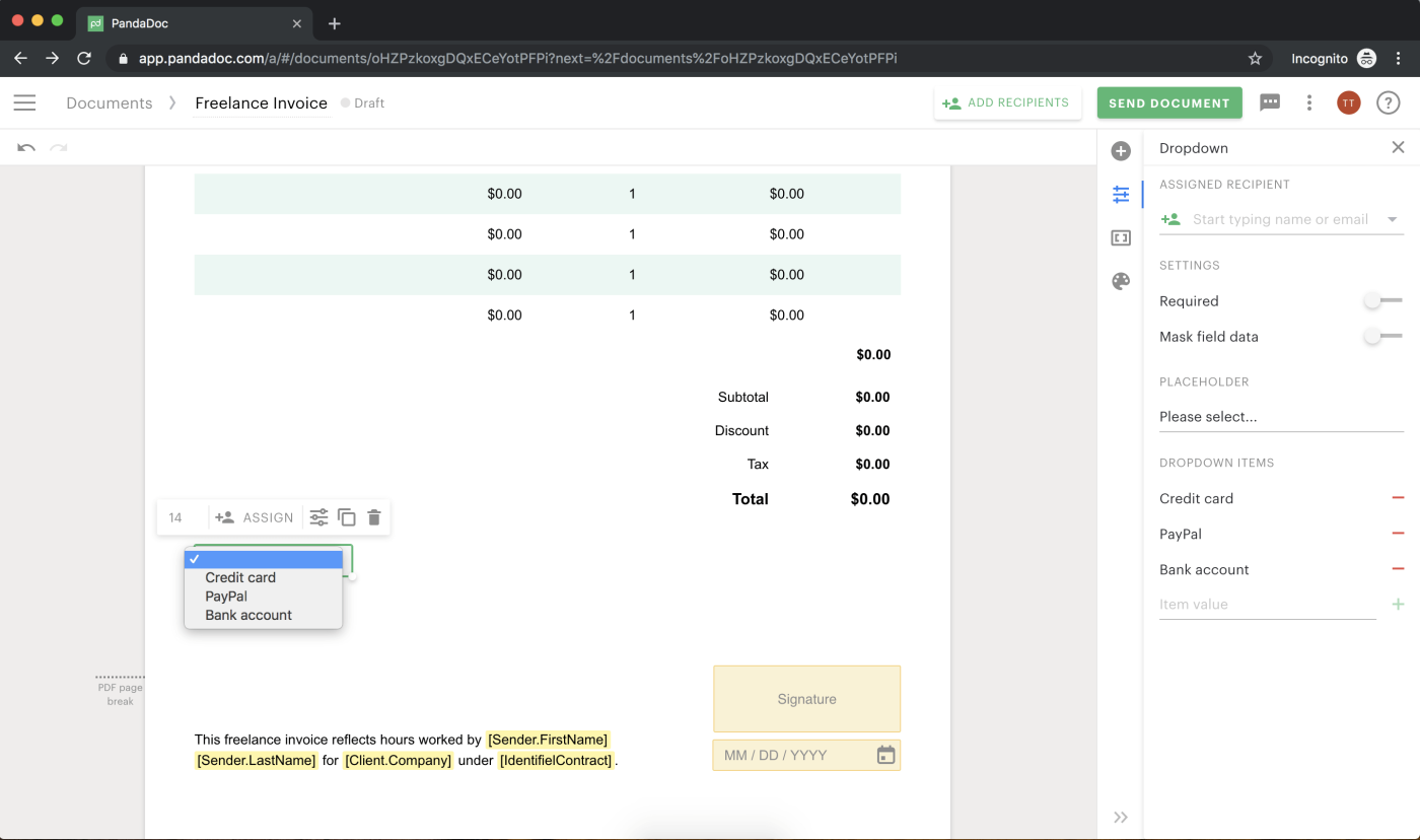 Screenshot of adding elements to your invoice in PandaDoc