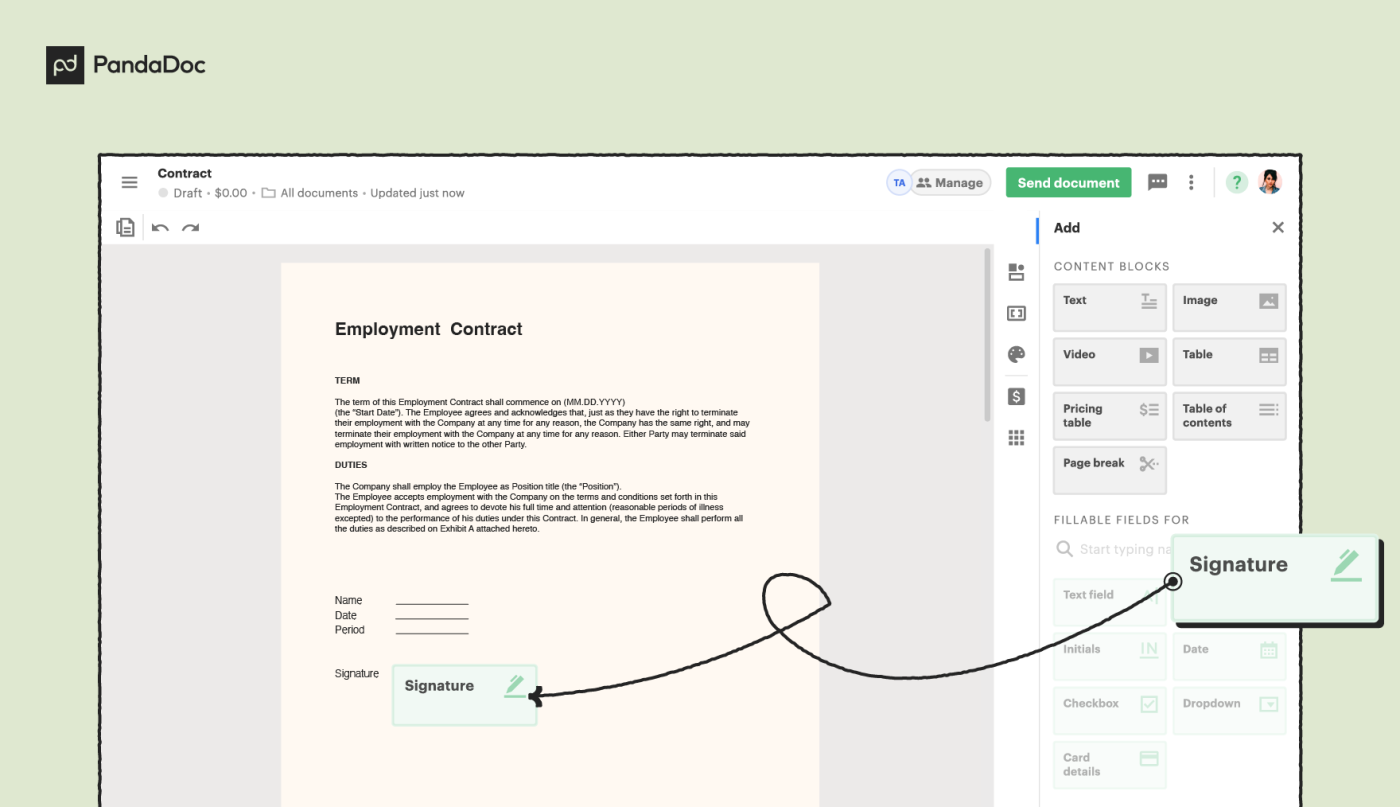 Adding esignature in PandaDoc screenshot