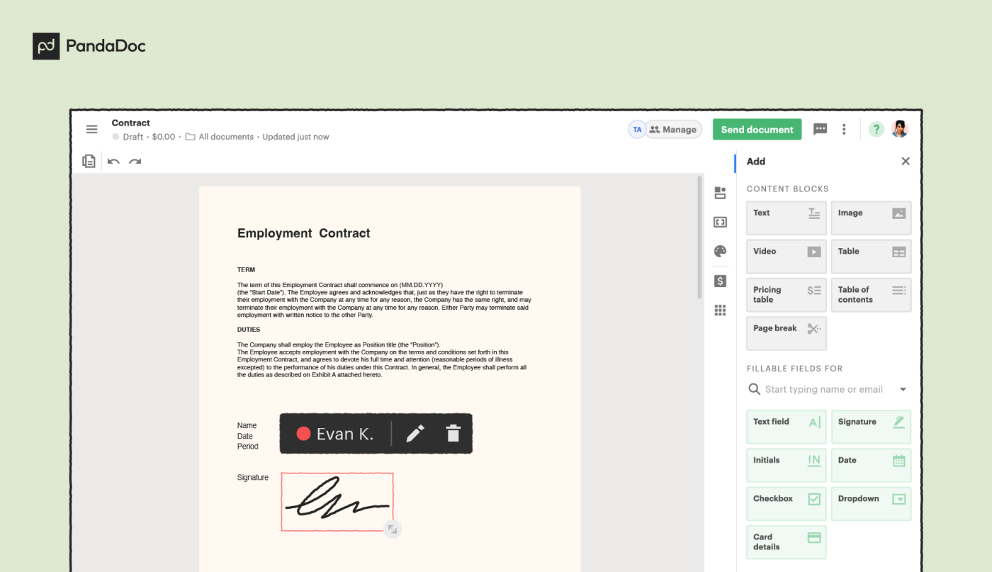 Adding esignature in PandaDoc screenshot