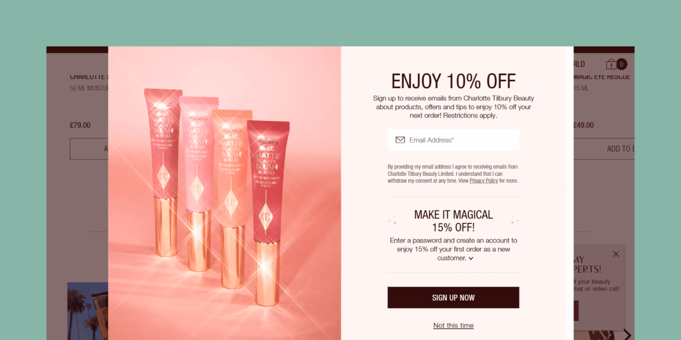 Charlotte Tilbury sign-up screen