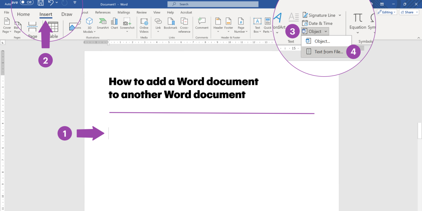 Screenshot showing how to insert a Word document to another Word document