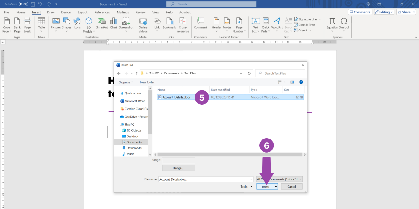 Screenshot showing how to insert a Word document to another Word document
