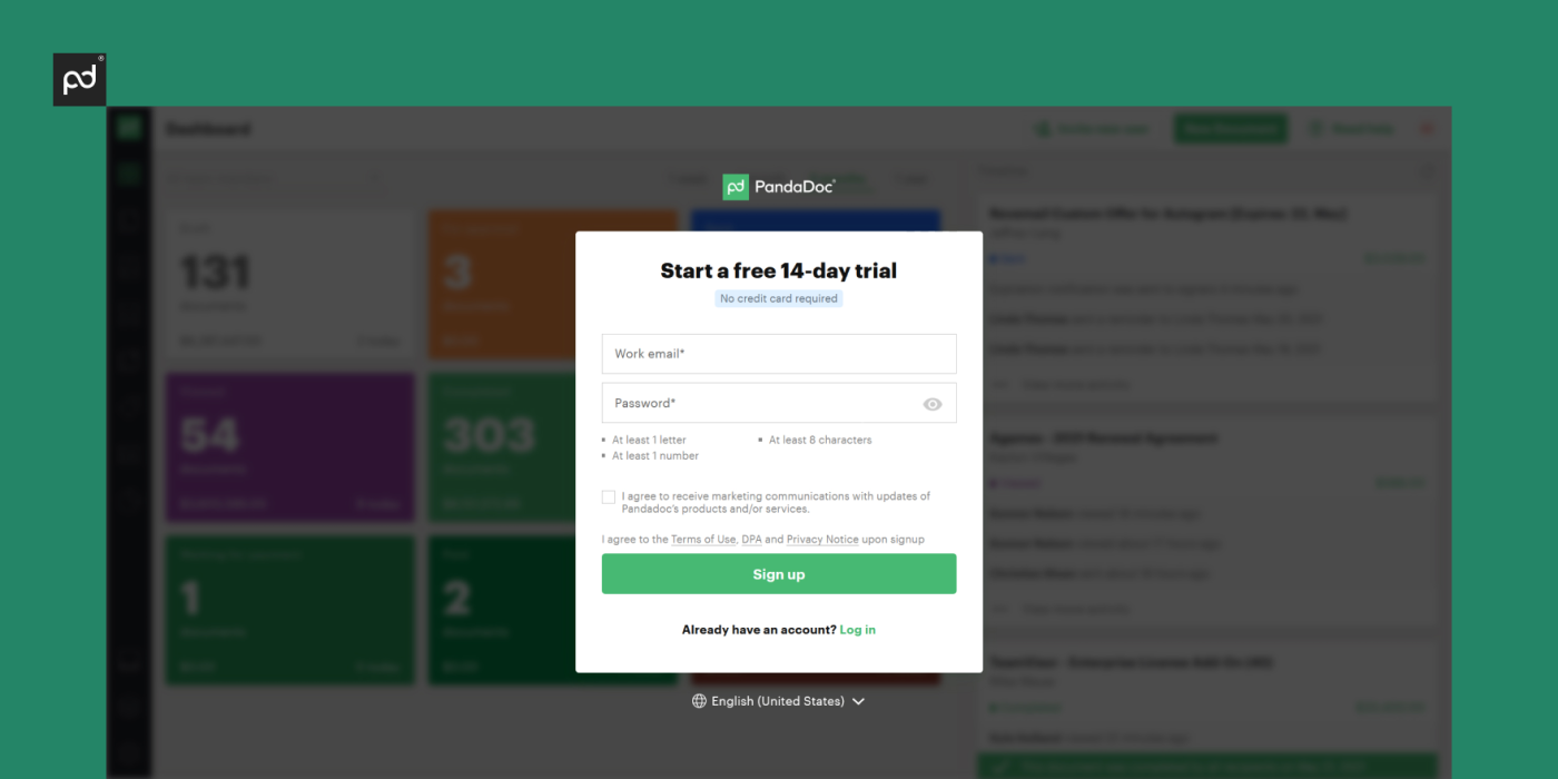 Screenshot of logging in into PandaDoc account