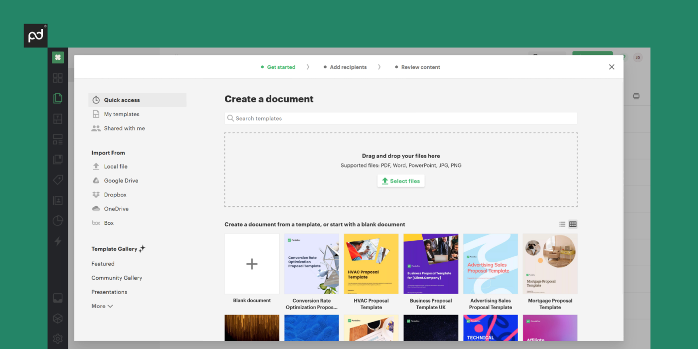 Screenshot of adding a document to PandaDoc