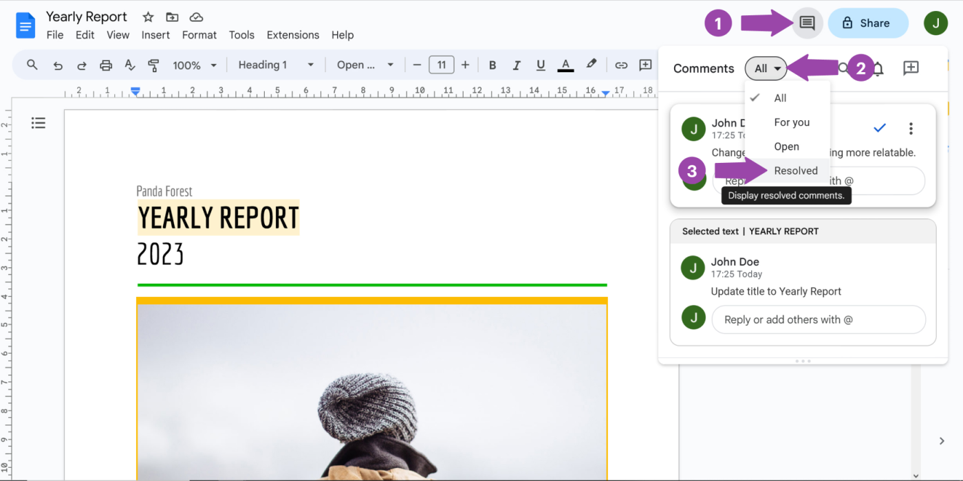 How to see resolved comments in Google Docs (desktop version)