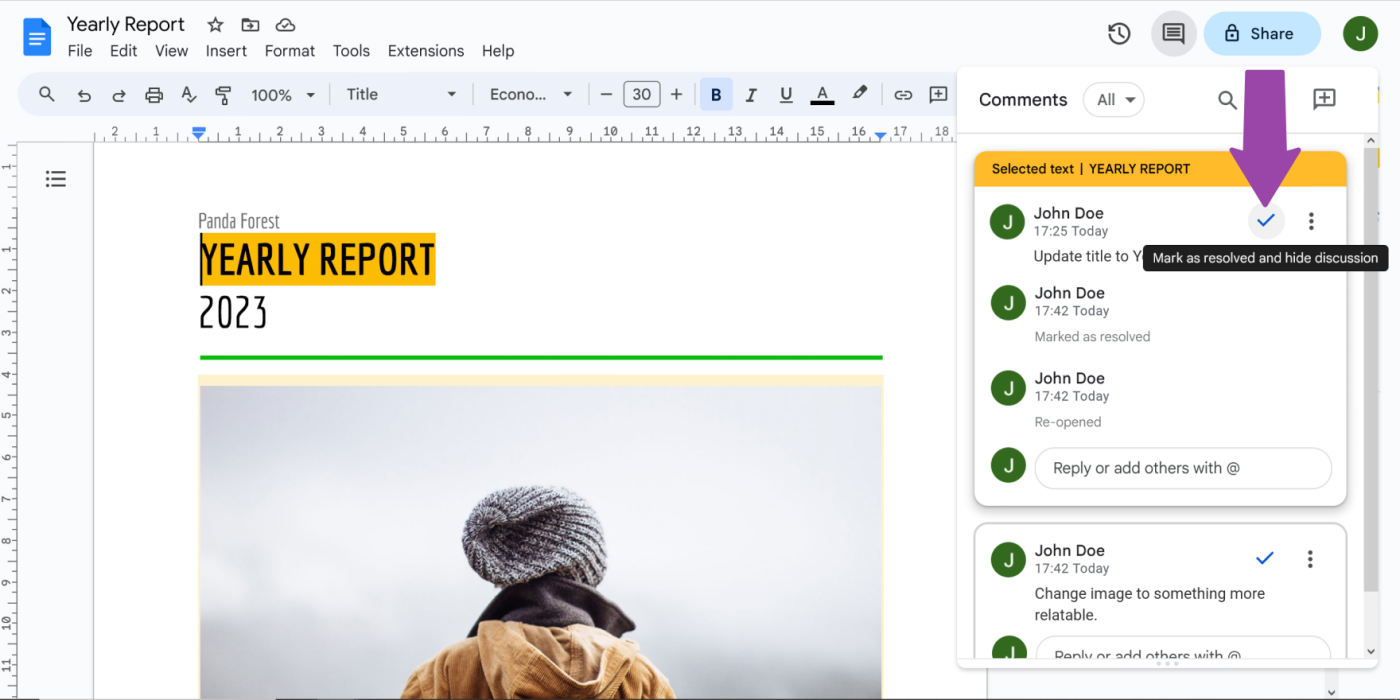 How to resolve comment in Google Docs again (desktop version)