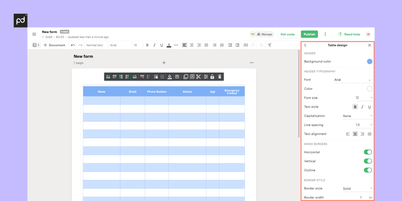 PandaDoc table design settings