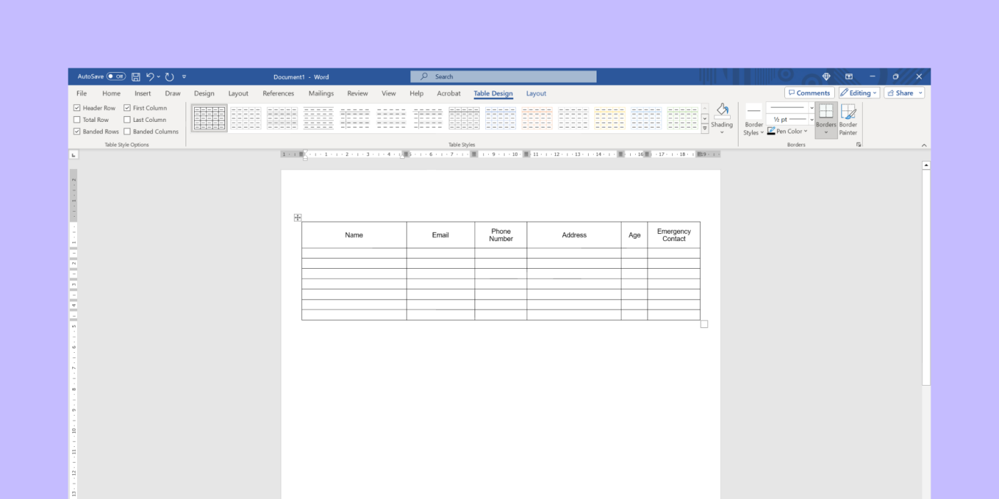 Ms Word sign up sheet table settings to modify the layout
