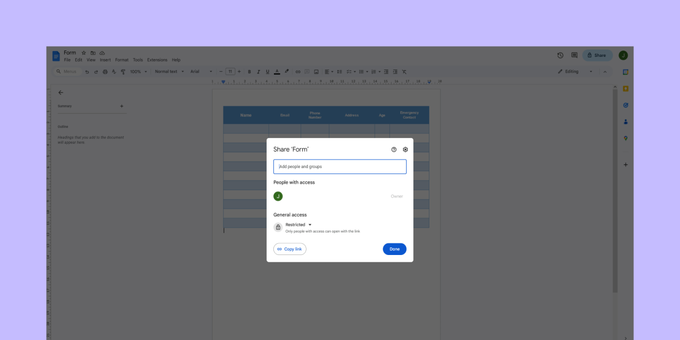 send sign-up form in google doc