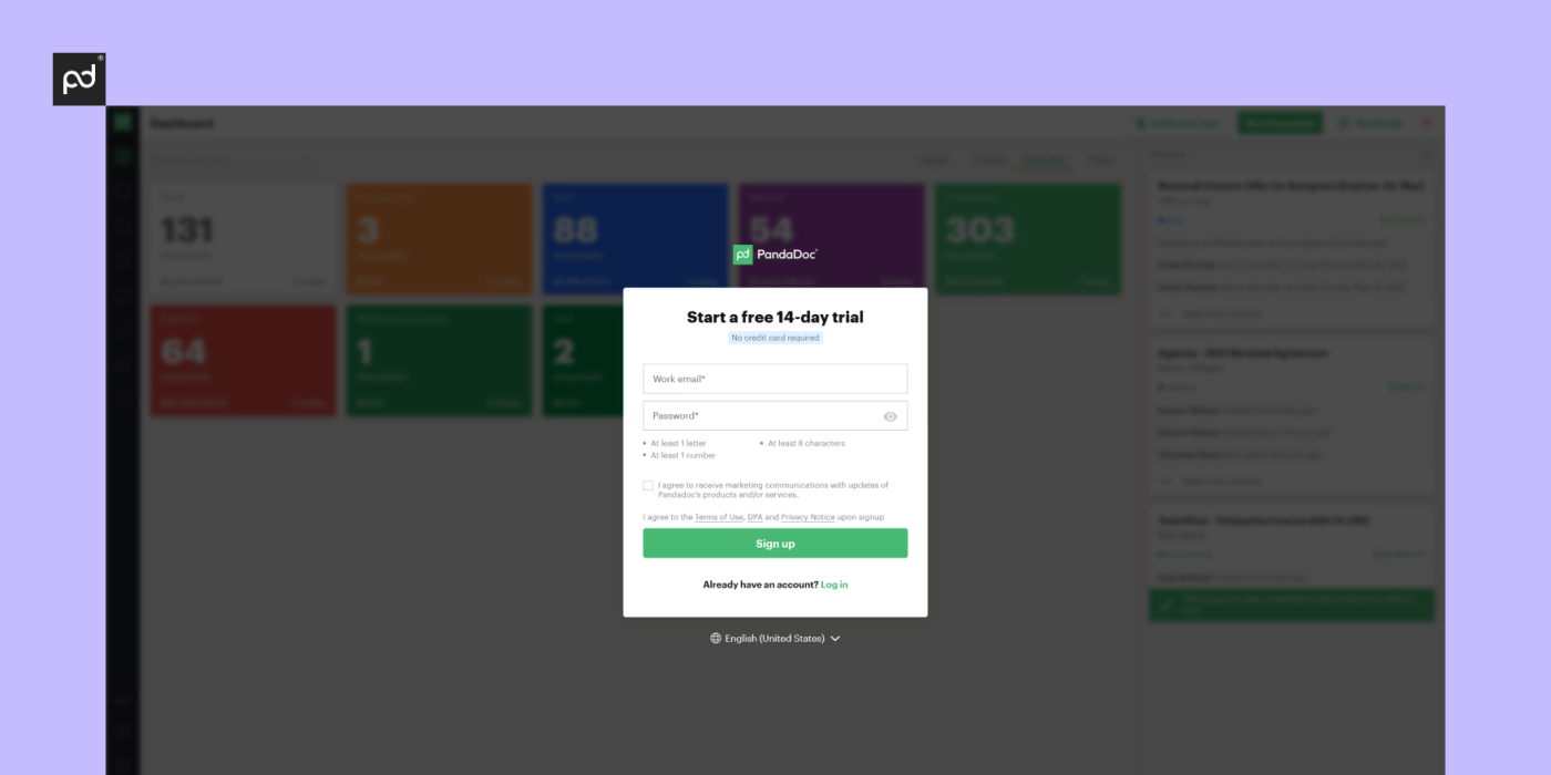 sign up for trial in PandaDoc