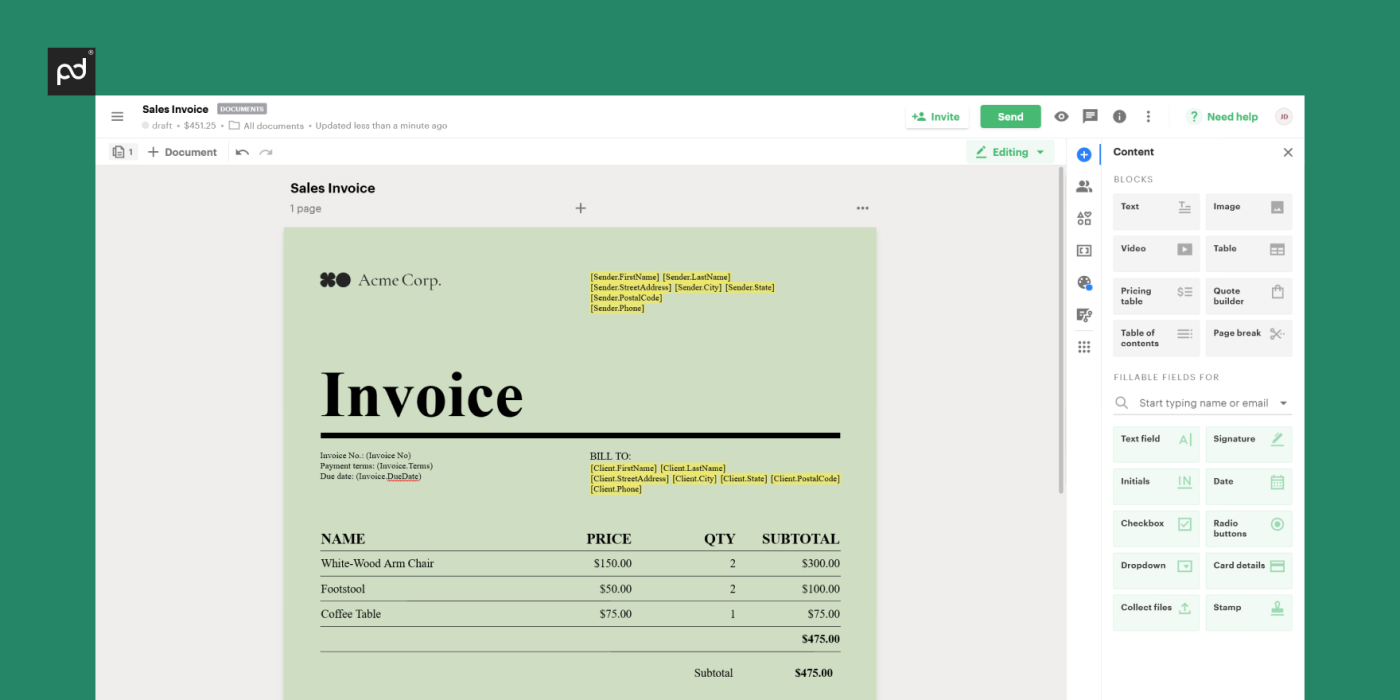 client’s contact details in invoice template