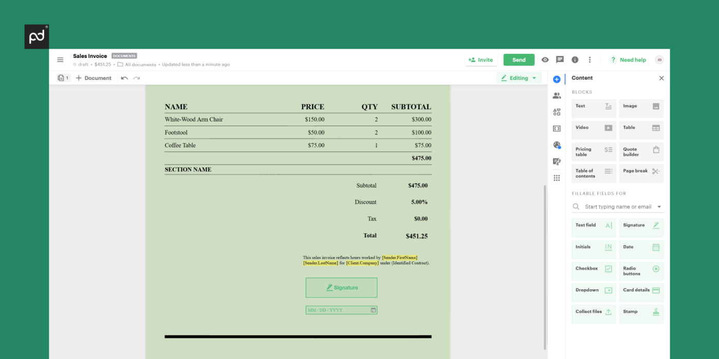 pricing table in invoice