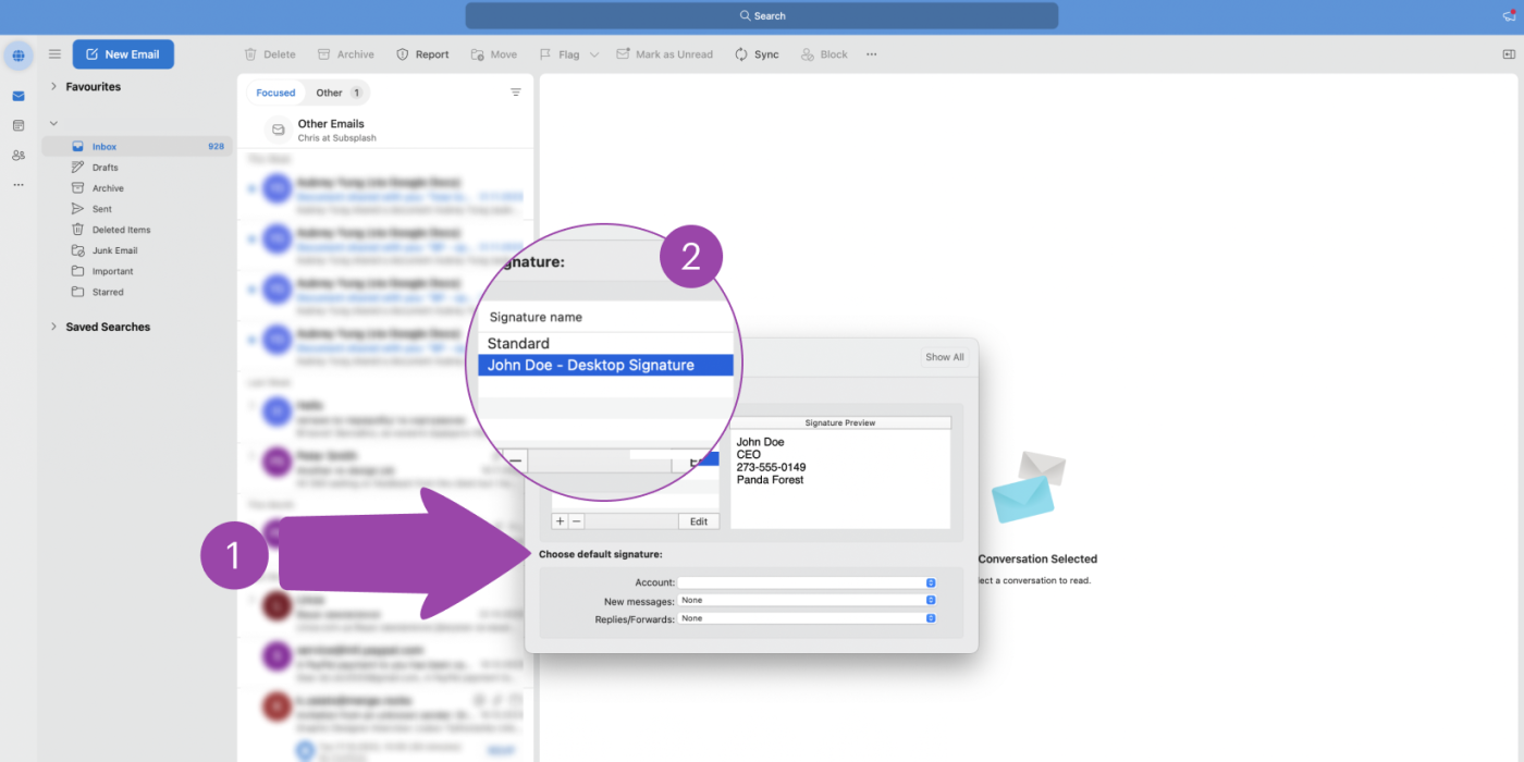 The Choose default signature options available in Outlook for Mac