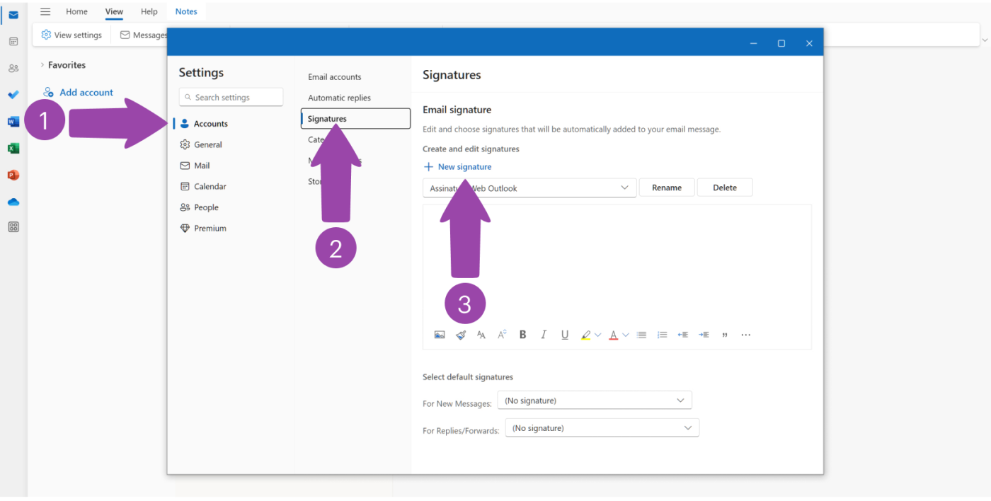 Select Accounts and then Signature