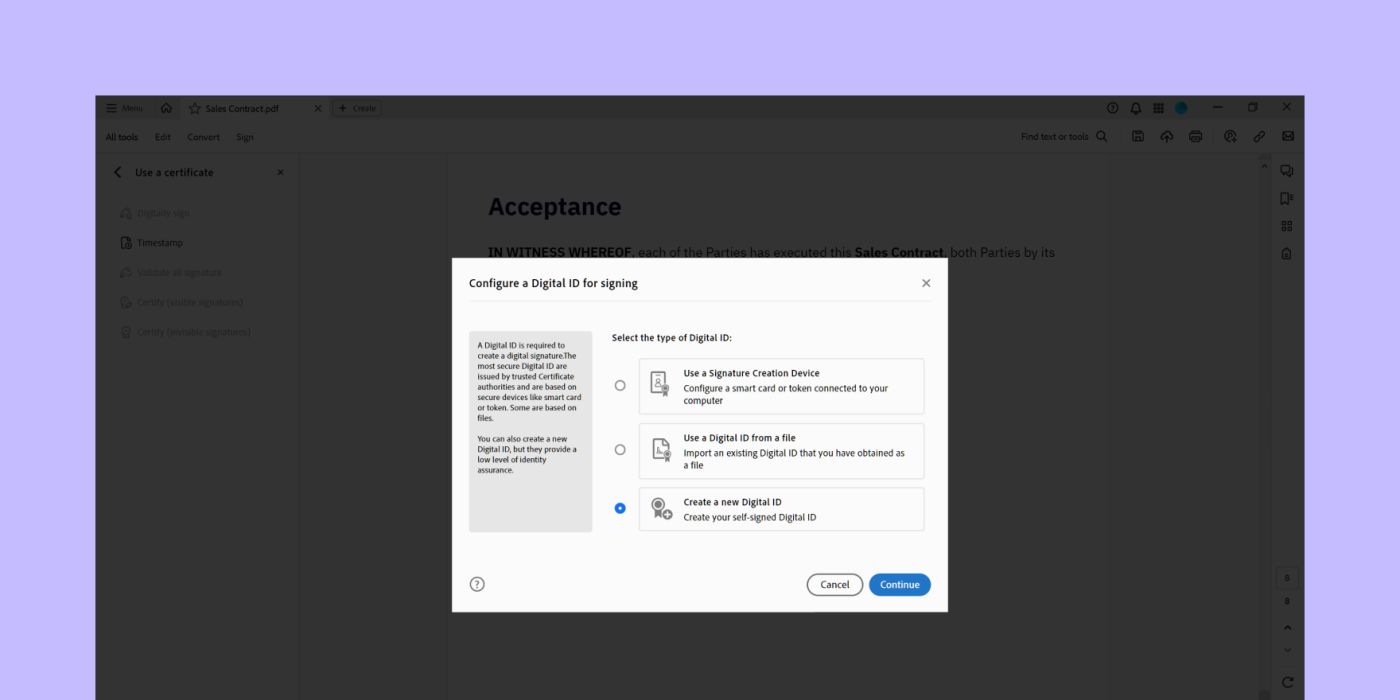 Select digital signature in Acrobat