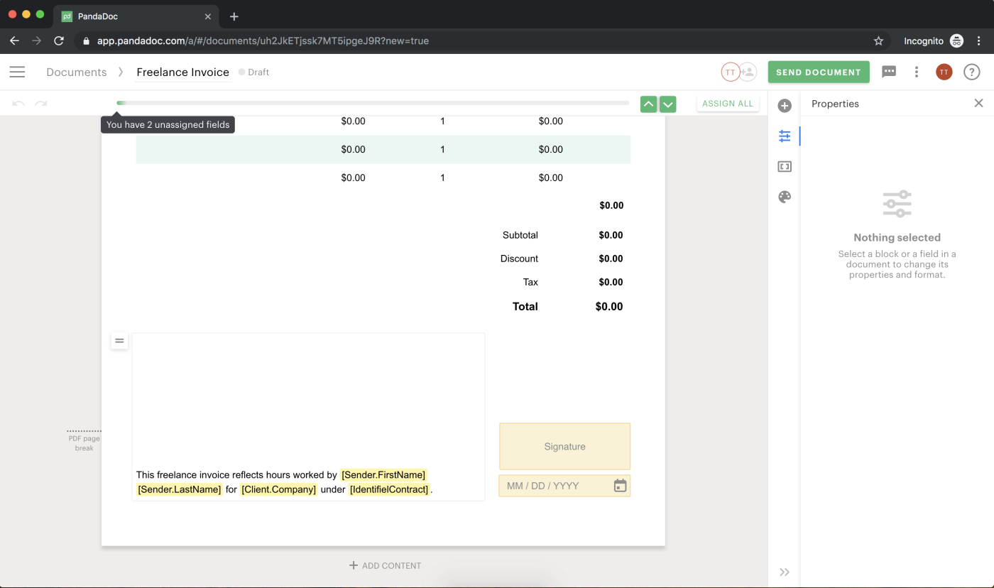 Finilizing an invoice with PandaDoc