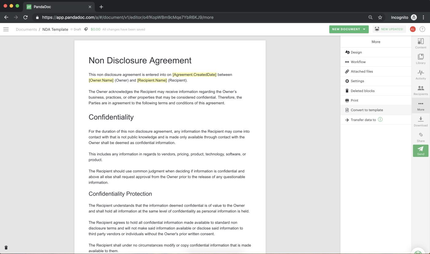Screenshot of converting your non-disclosure agreement 