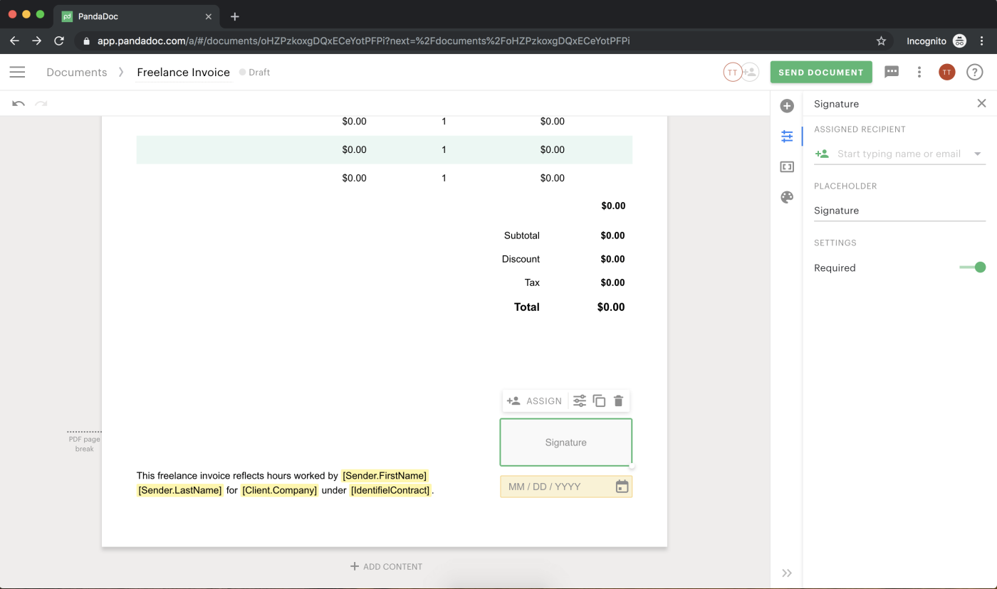 Screenshot of filling signature fields