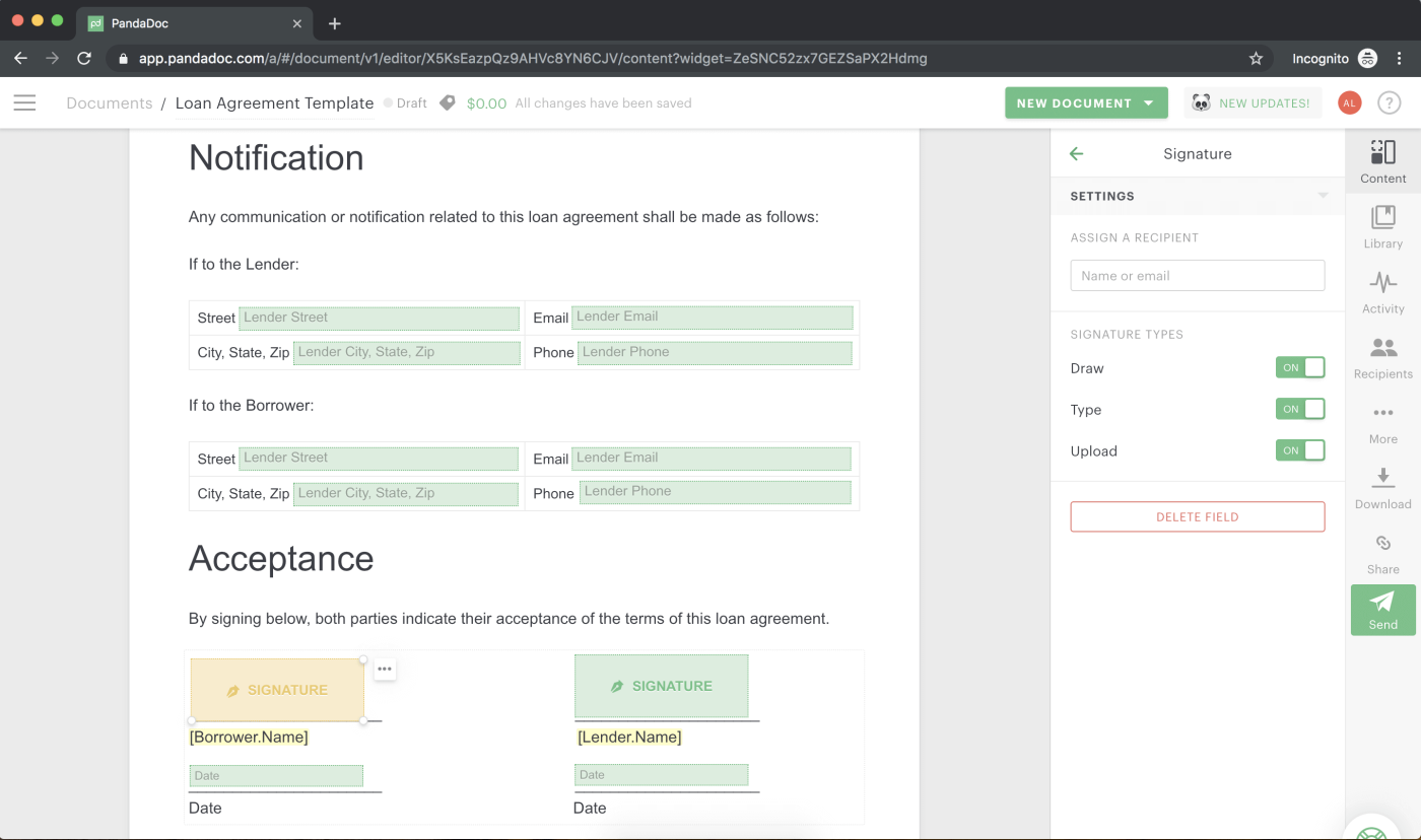 Fill in the Notification and Acceptance sections of the document