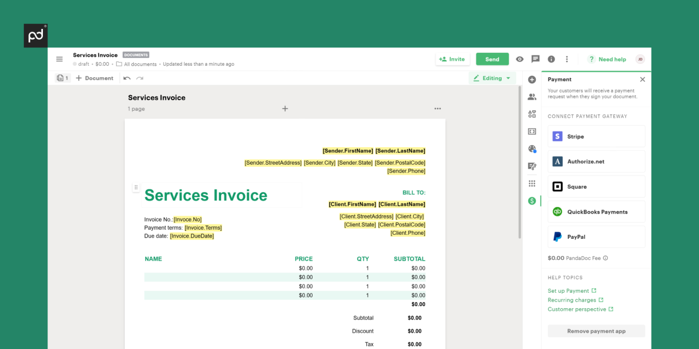 pandadoc payment integrations for invoice creating