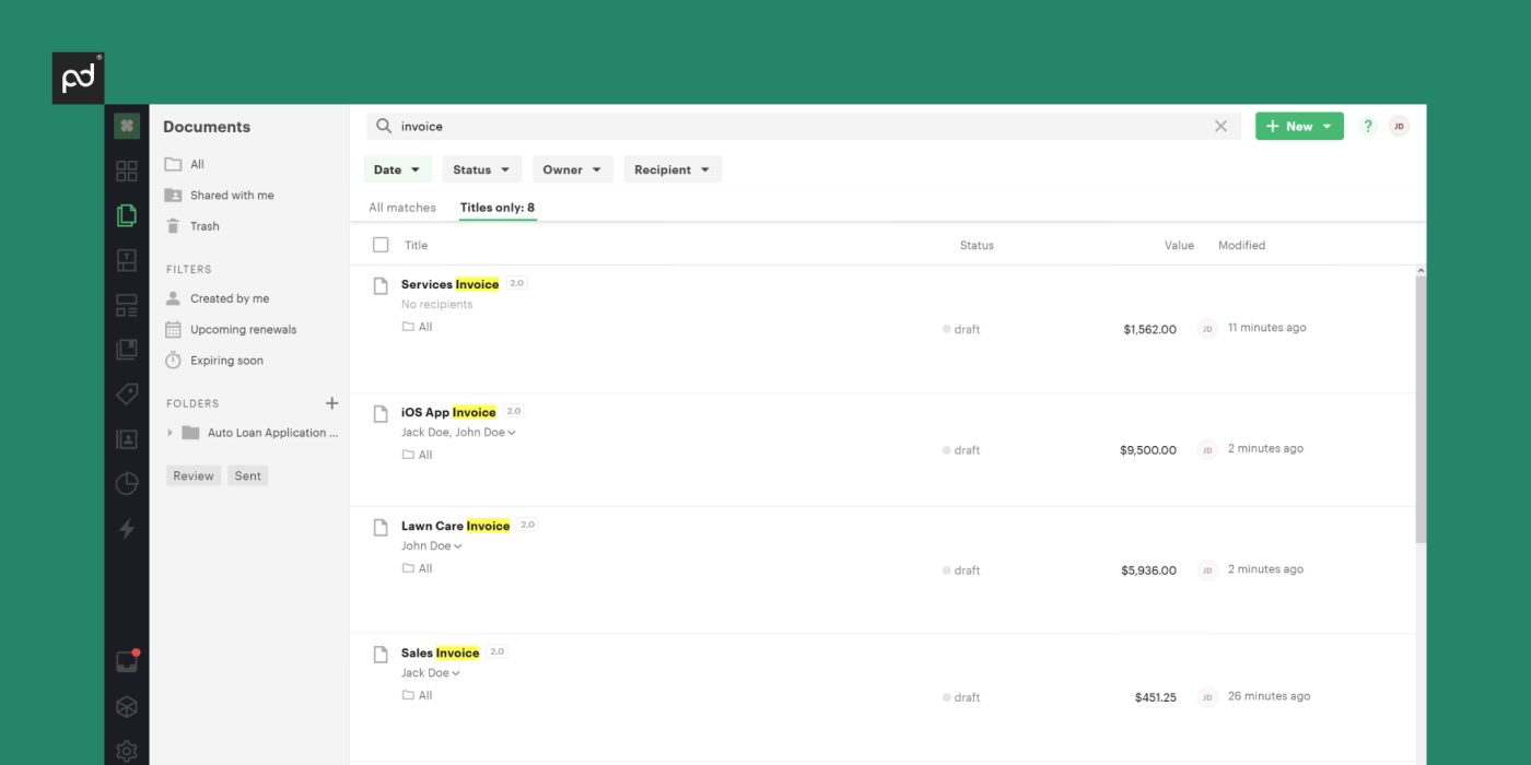 PandaDoc document depository that shows searching and tracking of invoices