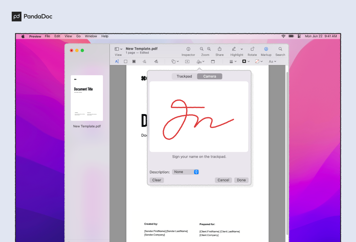 Screenshot of using Mac’s camera for a signature
