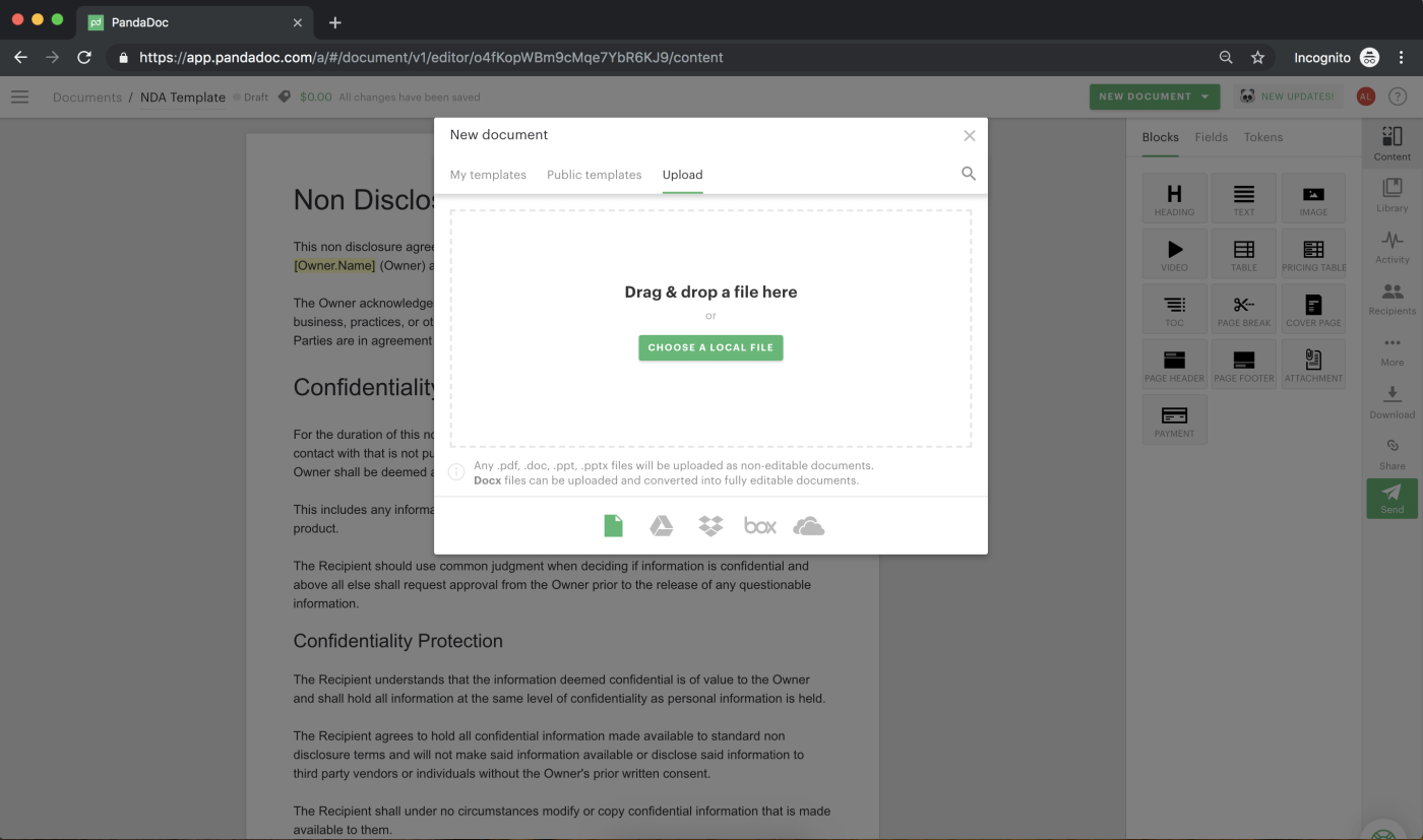 Screenahot of dragging and dropping a file to PandaDoc
