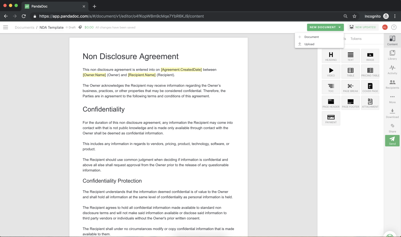 Screenshot of importing a non disclosure agreement to the PandaDoc 
