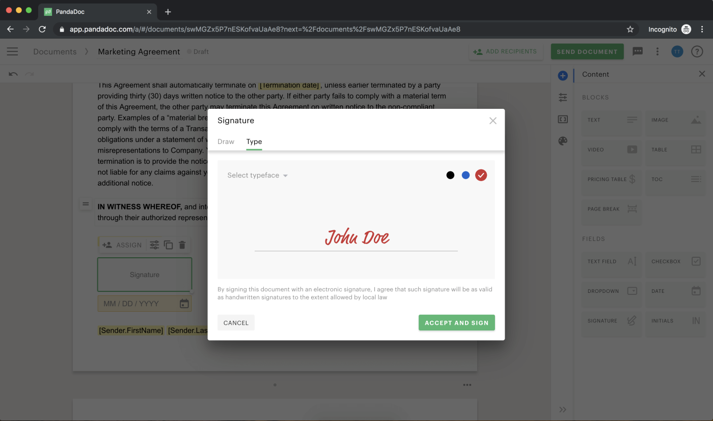 Screenshot of adding your eSignature to the marketing agreementScreenshot of adding your eSignature to the marketing agreement