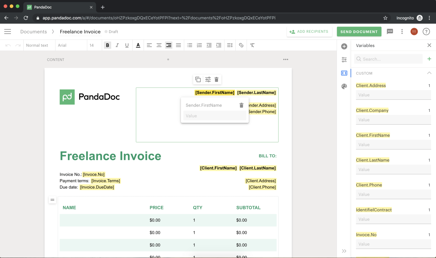 Using PandaDoc invoice template features