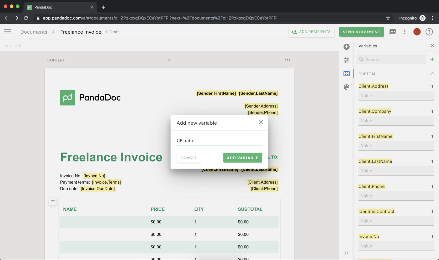 Using PandaDoc invoice template features