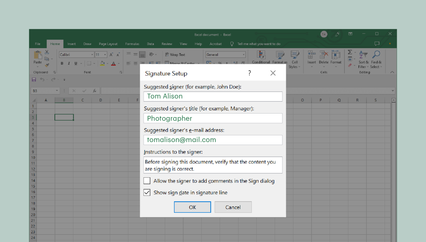 Screenshot Signature Setup dialogue box with email