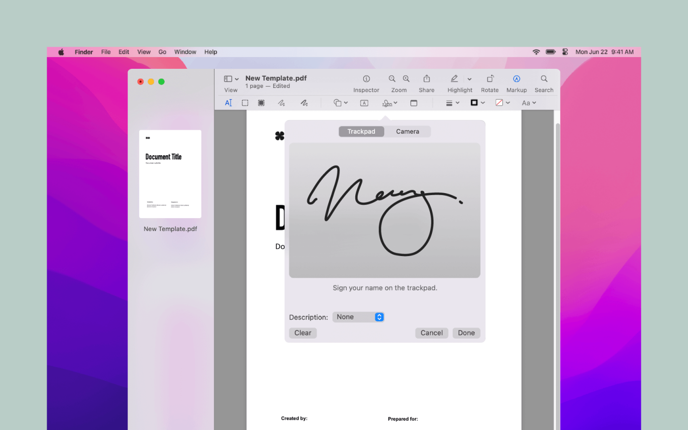 Use your trackpad to hand-draw a signature