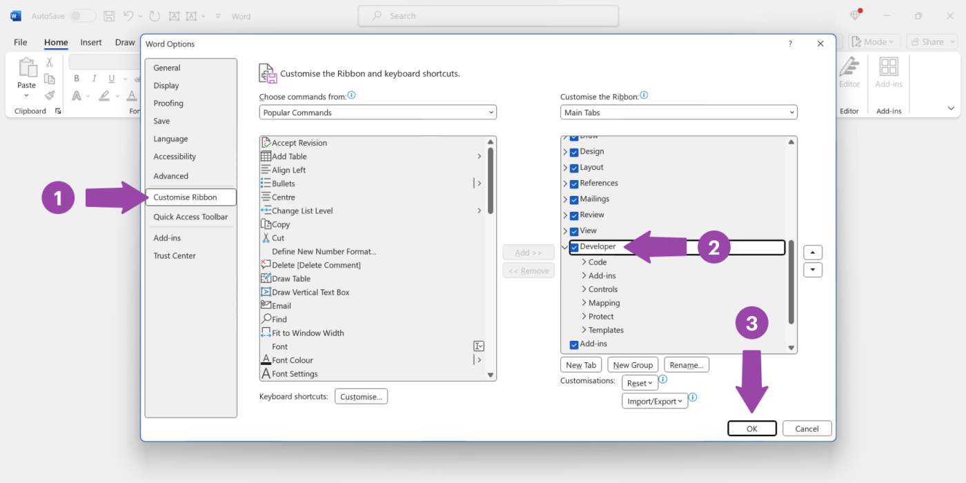 MS Word Options window, Customize Ribbon button