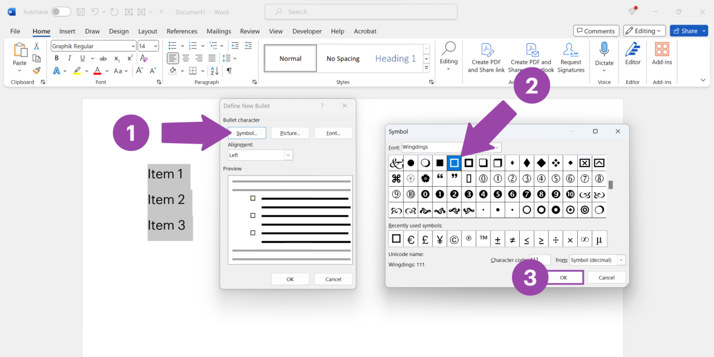 adding a checkbox-like symbol in MsOffice 