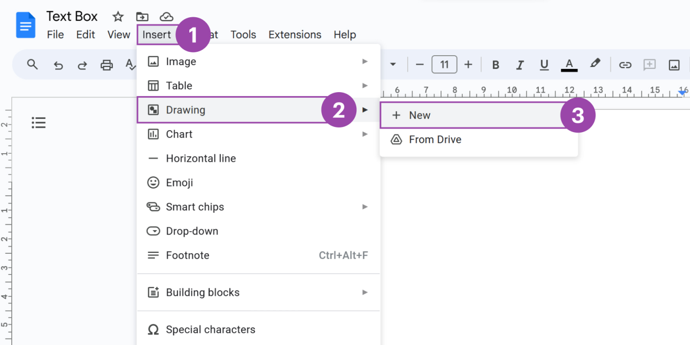 Screenshot showing how to insert a text box in Google Docs