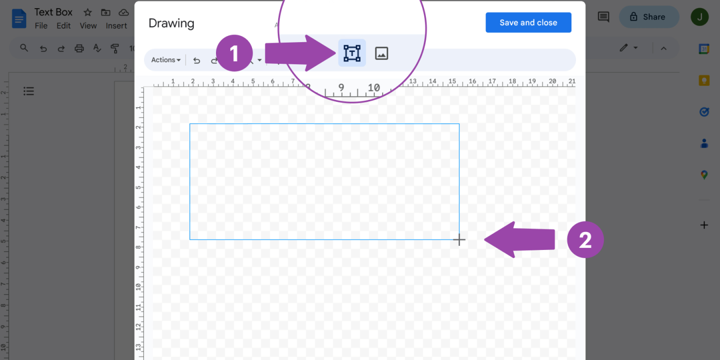 Screenshot showing how to insert a text box in Google Docs