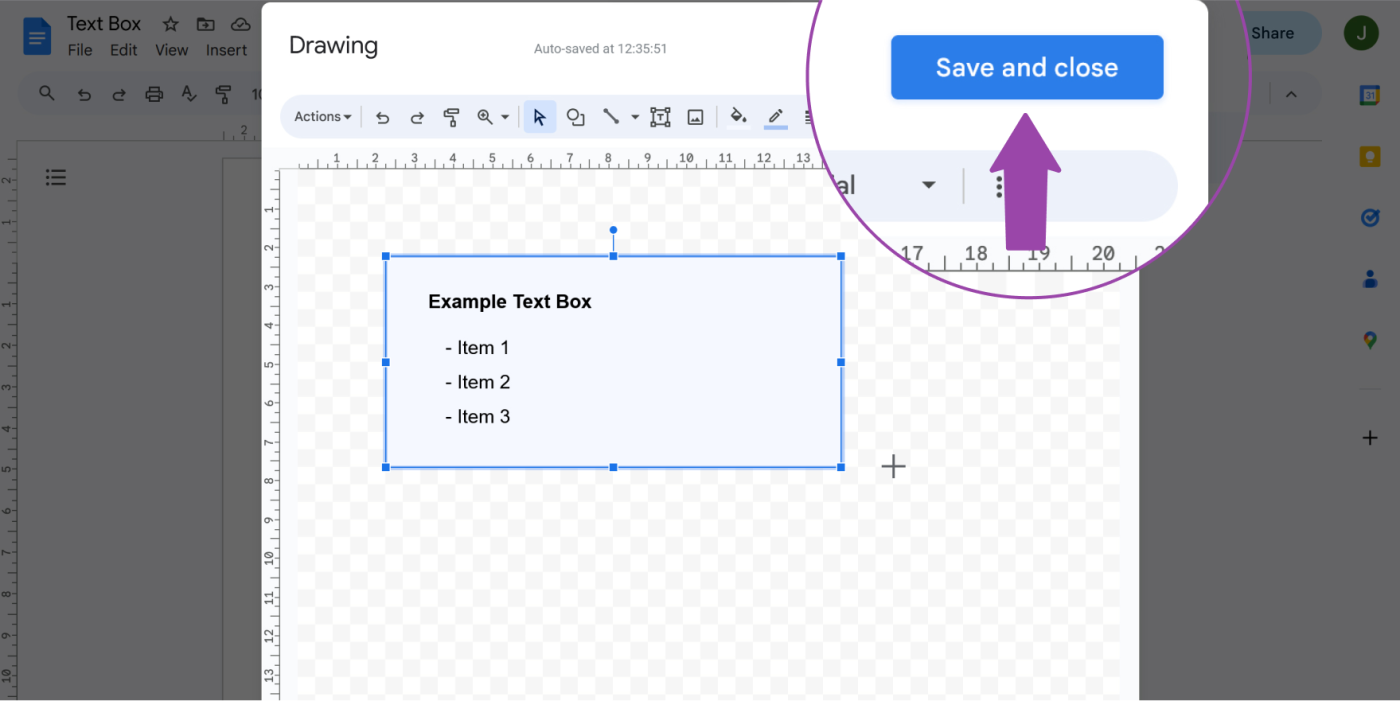 Screenshot showing how to insert a text box in Google Docs