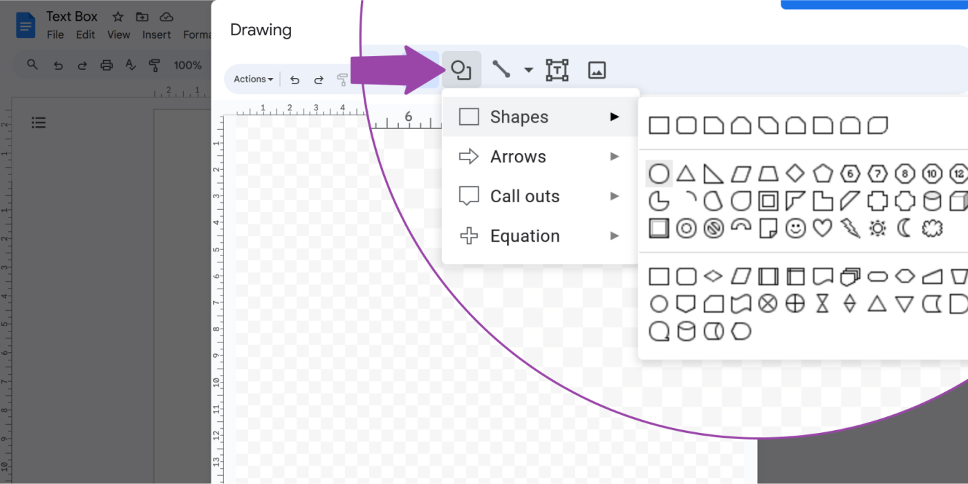 Screenshot showing how to insert a text though shape in Google Docs