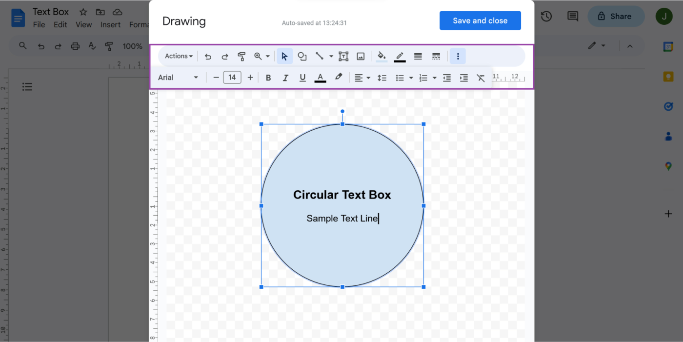 Screenshot showing how to insert a text though shape in Google Docs