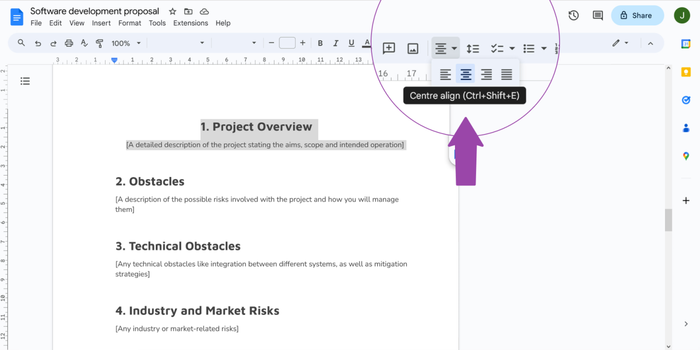 Screenshot showing how to center text in google doc