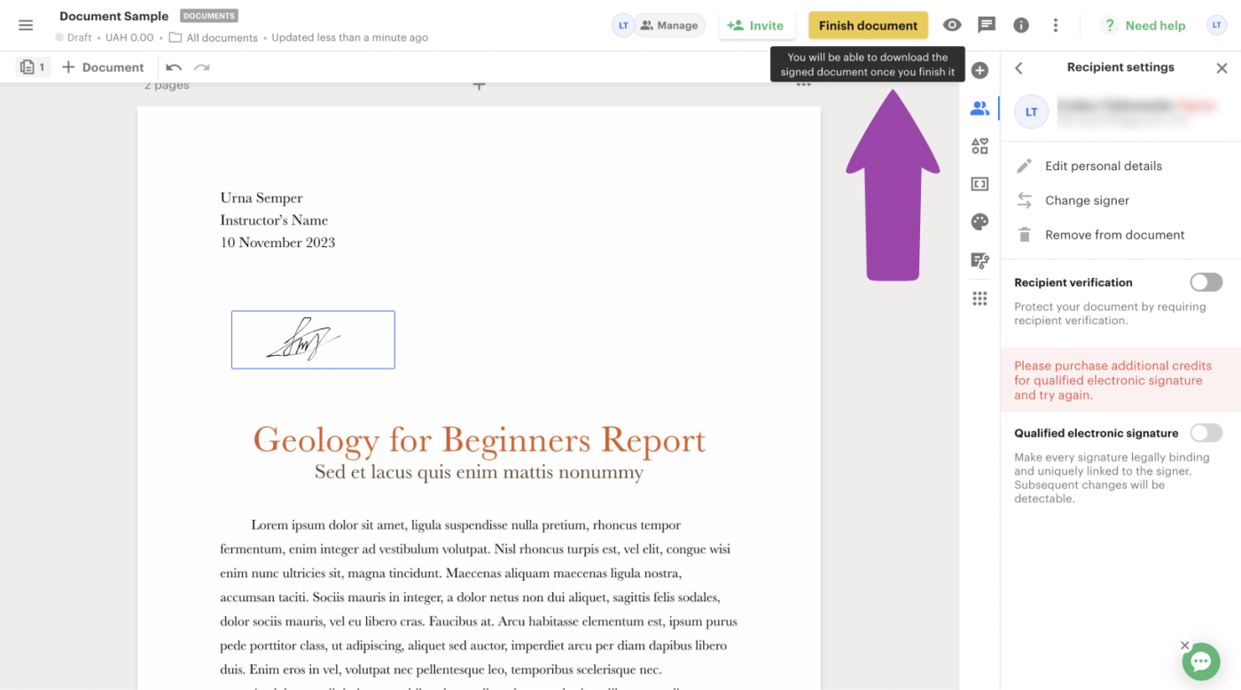 How to finish document in PandaDoc