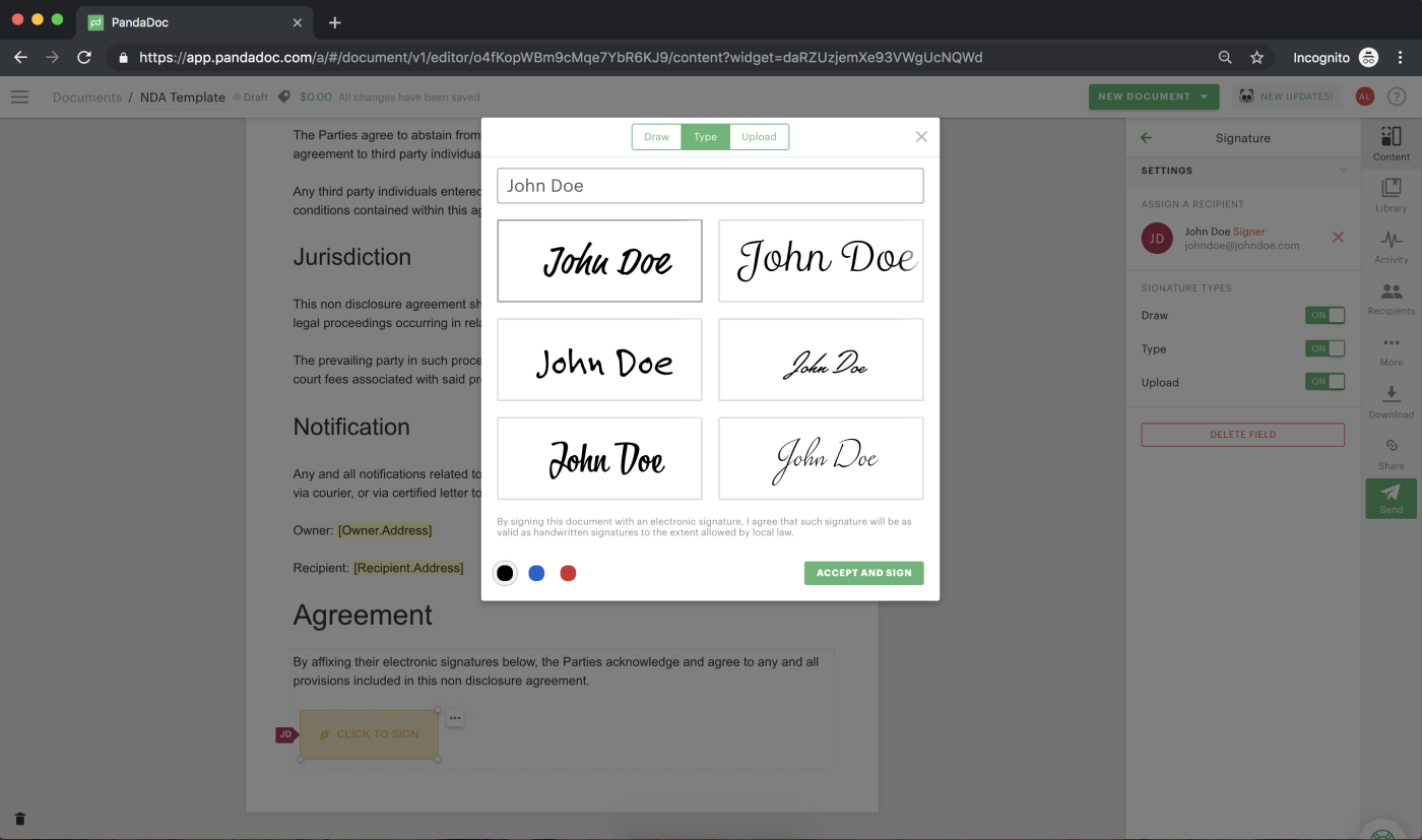  Screenshot of signing an NDA in PandaDoc