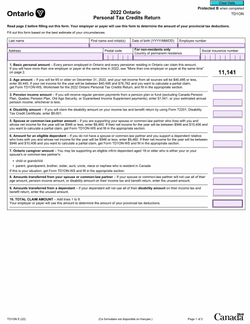 Free Online TD1ON Form TD1 Ontario, Free Template from Pandadoc