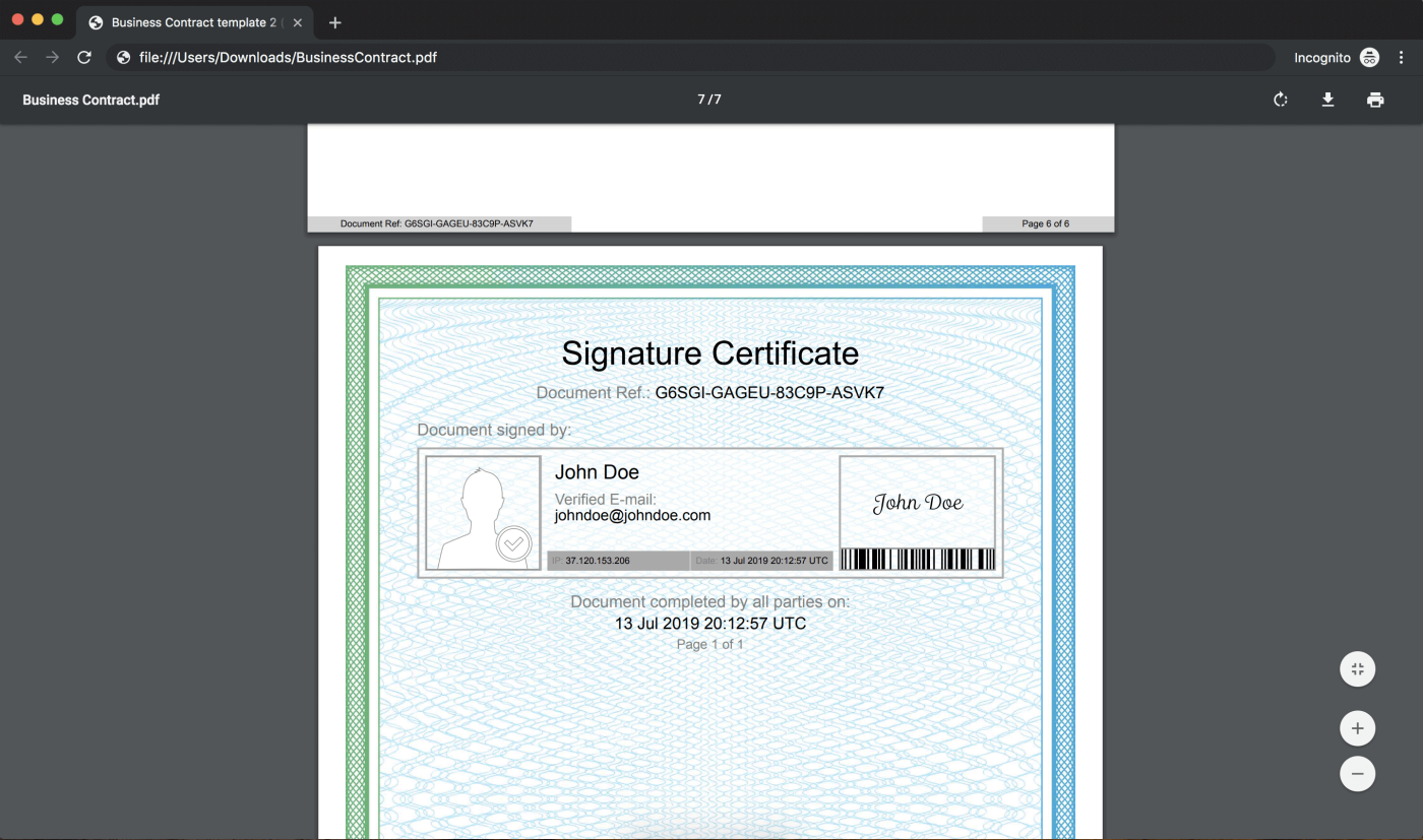 screenshot of the signature certificate