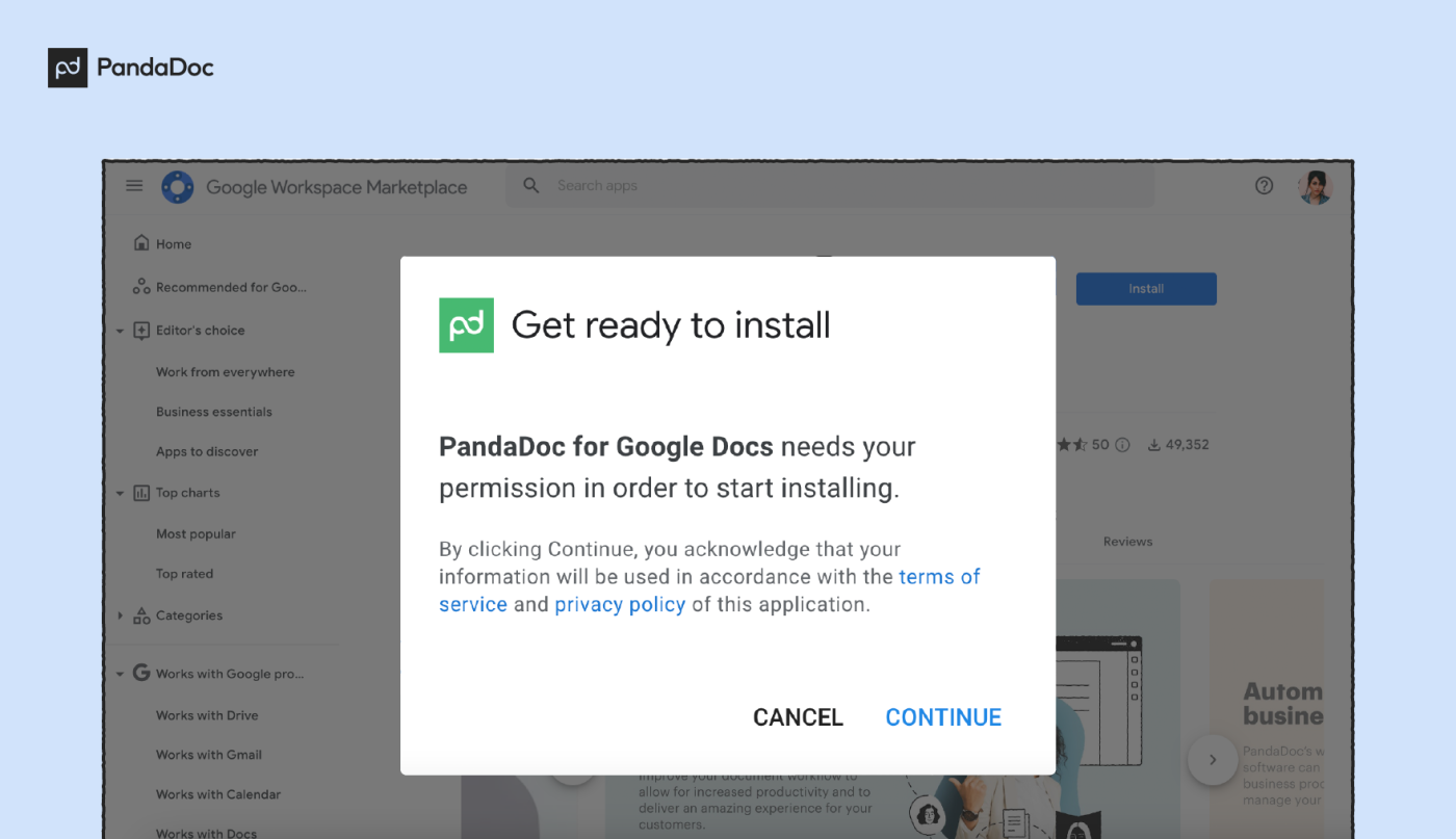 Select and install the PandaDoc for Google Docs add-on