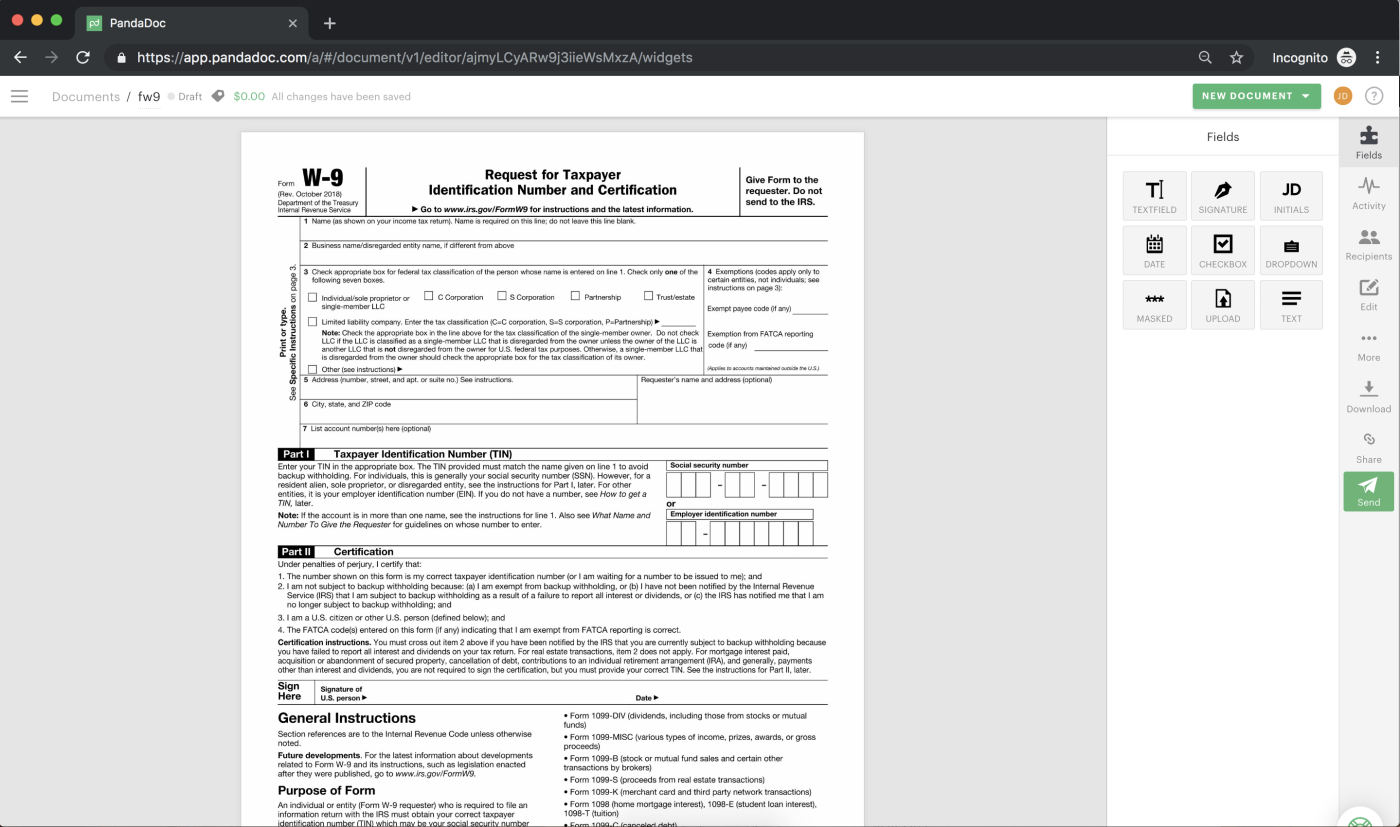 Use the FIELDS pane on the right side of the browser window to fill out your W-9 