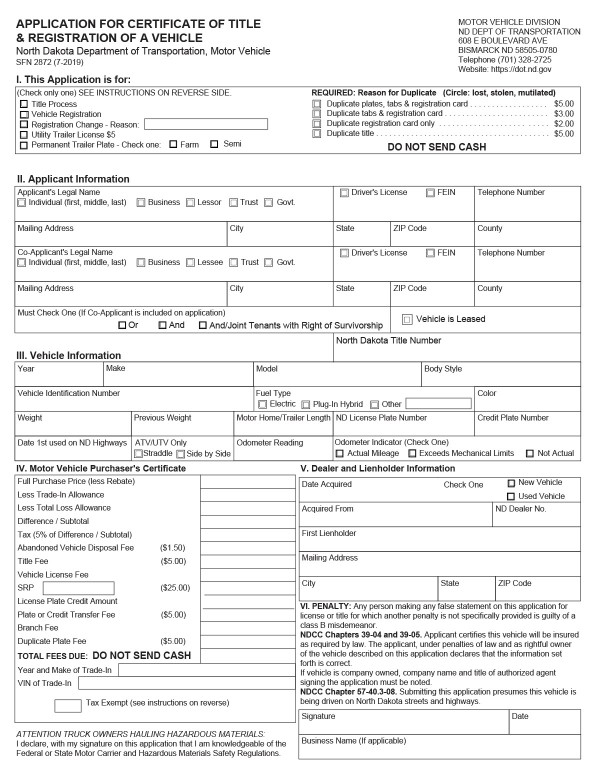 Application for certificate of title and registration of a vehicle North Dakota PandaDoc